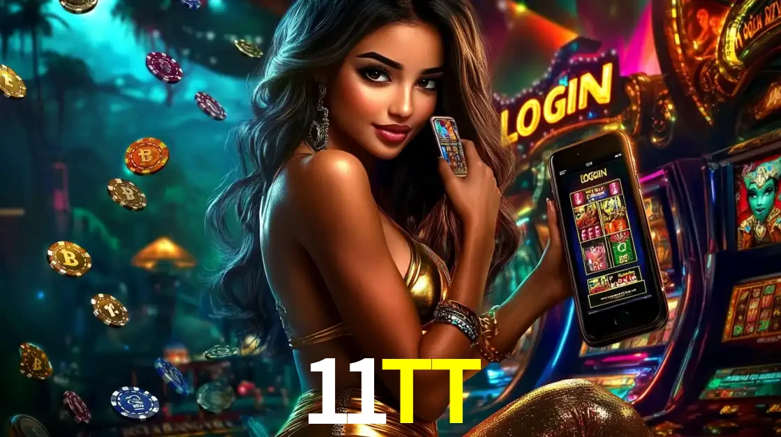 Mulher em um cenário de cassino temático de aventura, mostrando o app de caça-níqueis da 11TT no celular. Fichas de apostas flutuam ao redor.