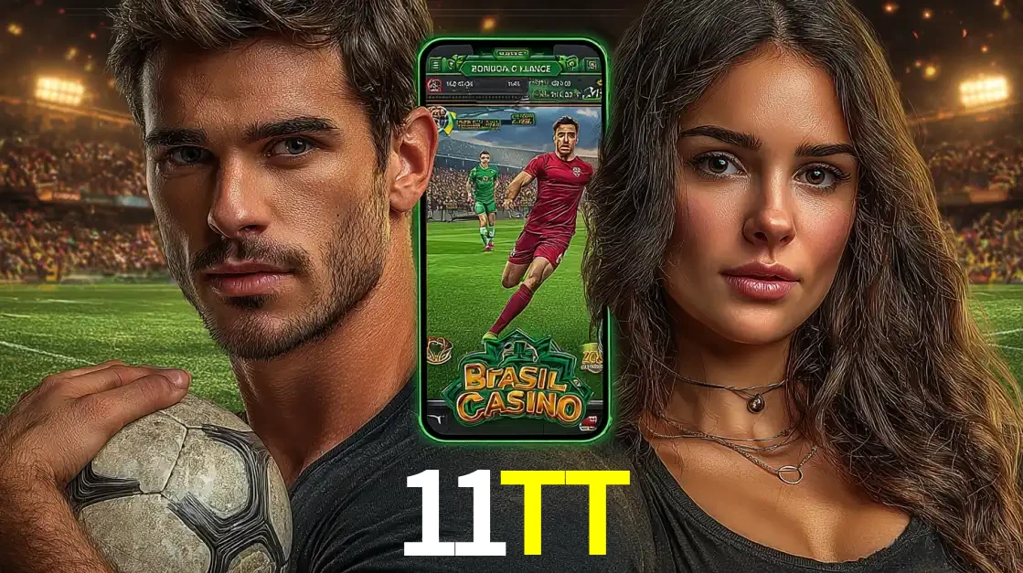 Homem segurando uma bola de futebol e uma mulher ao lado de um smartphone exibindo o jogo de apostas esportivas da 11TT. Faça seu palpite no cassino online.